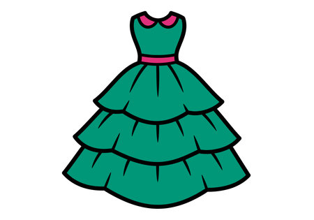 Fancy dress clipart. A green dress with pink accents and a tiered skirt. Vector illustration design.のイラスト素材