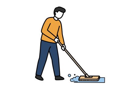 Mop the floor clipart. A person is mopping the floor with water splashing around, highlighting cleanliness and maintenance. Vector illustration design.のイラスト素材
