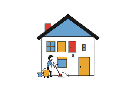 Clip art house cleaning. A person is cleaning the exterior of a house with a broom and soap, emphasizing hygiene and maintenance. Vector illustration design.のイラスト素材
