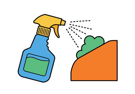 Disinfection clipart. A spray bottle is shown spraying liquid onto a surface with green shapes, symbolizing sanitation and hygiene. Vector illustration design.のイラスト素材