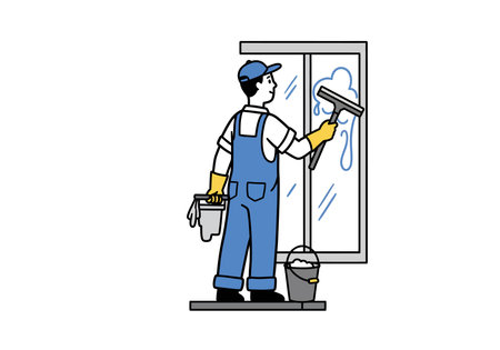 Window washer clipart. A person in uniform holds a bucket and uses a squeegee to clean a large glass pane, emphasizing cleanliness. Vector illustration design.のイラスト素材