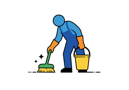 Clip art of cleaning. This image shows a person cleaning with a broom and holding a bucket, symbolizing hygiene and tidiness. Vector illustration design.のイラスト素材