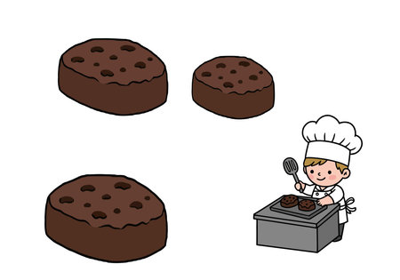 Little Brownie Bakers Clip Art. This image shows a chef baking brownies with tools like a rolling pin, spatula, and bowl. Vector illustration design.のイラスト素材