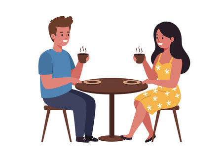Friends Drinking Coffee Clipart. Two people sitting at a table, drinking coffee together in a relaxed and social setting. Vector illustration design.のイラスト素材
