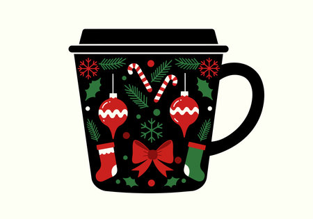 Holiday Coffee Clipart. A black coffee cup with a lid, decorated with Christmas-themed elements like candy canes, ornaments, and holly leaves. Vector illustration design.のイラスト素材