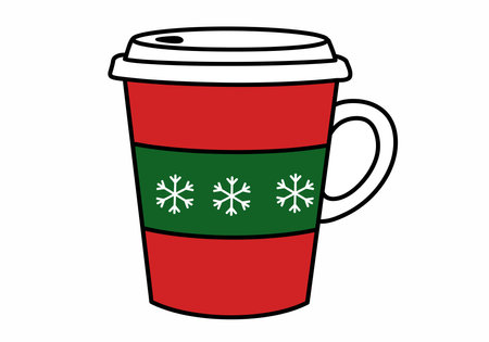 Christmas coffee clip art. A red coffee cup with a white lid and a green band featuring three white snowflakes. Vector illustration design.のイラスト素材
