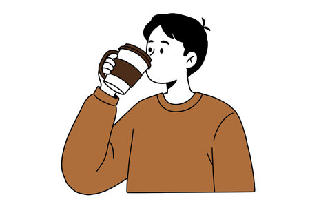 Clip art drinking coffee. A person is holding and sipping from a coffee cup while wearing a brown sweater, showcasing a casual and cozy vibe. Vector illustration design.のイラスト素材