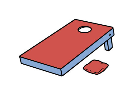 Clip art corn hole. This image shows a cornhole board with a red bean bag next to it, emphasizing the outdoor game and its recreational nature. Vector illustration design.のイラスト素材