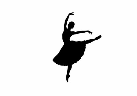 Ballet dancer silhouette clip art. A black silhouette of a ballet dancer in an elegant pose with one leg raised and arms gracefully extended. Vector illustration design.のイラスト素材