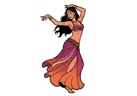 Belly dance clip art. A belly dancer in a colorful costume with flowing skirt and jewelry. Vector illustration design.のイラスト素材