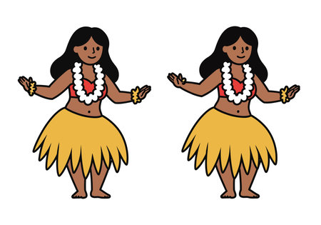 Clip art hula dancer. Two hula dancers in traditional attire with grass skirts and flower leis. Vector illustration design.のイラスト素材