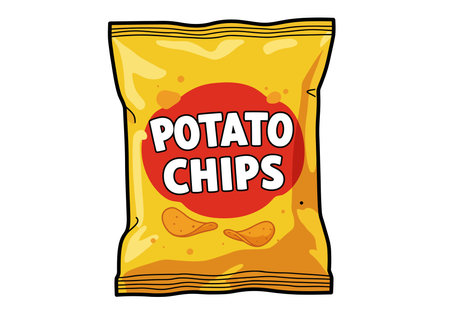 Bag of chips clip art. This image shows a yellow bag of potato chips with a red circle and the text "POTATO CHIPS" in white. Vector illustration design.のイラスト素材