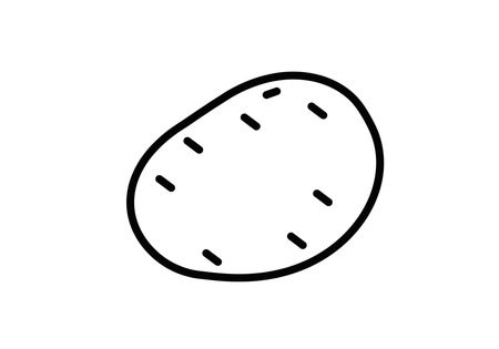 Potato outline clipart. This image shows a simple black and white drawing of a potato with small marks, emphasizing its minimal and clean design. Vector illustration design.のイラスト素材