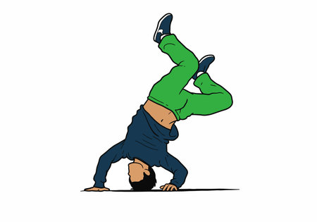 Breakdance clipart. A person is performing a breakdance move, balancing on the head and hands with...