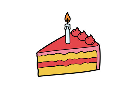 Birthday cake slice clip art. A slice of cake with red frosting, a lit candle, and three dollops of...