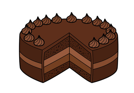 Chocolate cake clipart. This image shows a chocolate cake with a slice cut out, revealing layers of chocolate filling and frosting. Vector illustration design.のイラスト素材