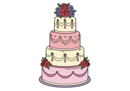 Clip art wedding cake. This image shows a three-tiered wedding cake with floral decorations and ornate icing in cream, pink, and purple shades. Vector illustration design.のイラスト素材