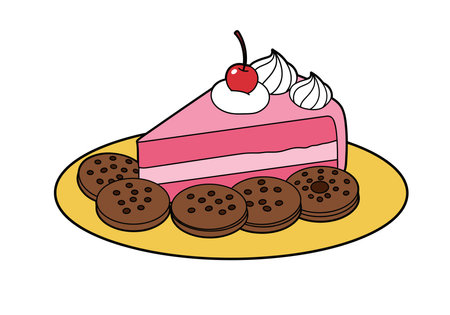 Cake and cookies clipart. A slice of pink cake with a cherry and whipped cream on top, surrounded by chocolate cookies on a yellow plate. Vector illustration design.のイラスト素材
