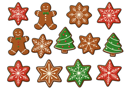 Holiday cookie clip art. This image shows various holiday-themed cookies including gingerbread men, stars, and Christmas trees. Vector illustration design.のイラスト素材