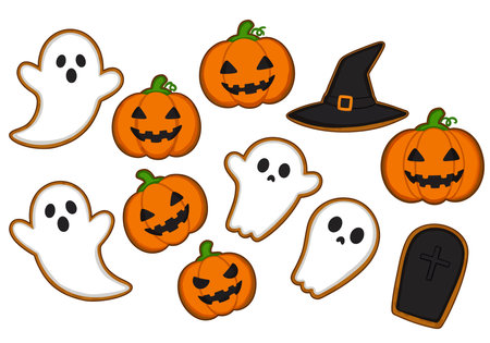 Halloween cookie clipart. This image shows various Halloween-themed cookies including ghosts, pumpkins, a witch hat, and a tombstone. Vector illustration design.のイラスト素材