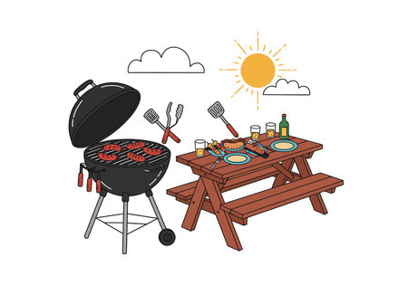 Cook out clip art. A barbecue grill with sausages, a picnic table with food, drinks, and utensils on a sunny day with clouds. Vector illustration design.のイラスト素材