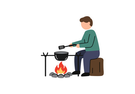 Campfire cooking clipart. A person is sitting on a log, cooking over a campfire with a pot and spatula. Vector illustration design.のイラスト素材