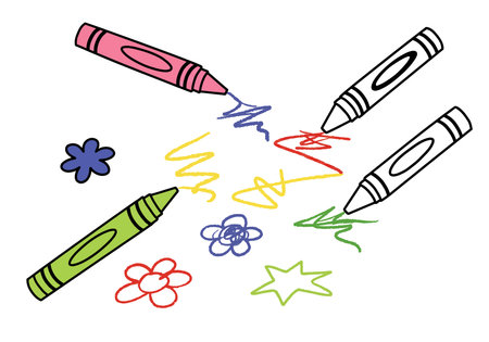 Crayon coloring clipart. This image shows four crayons in different colors with scribbles and doodles of flowers and stars. Vector illustration design.のイラスト素材