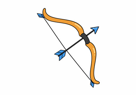 Bow and arrow clip art. This image shows a stylized bow and arrow with blue fletching and arrowhead, symbolizing archery precision. Vector illustration design.のイラスト素材