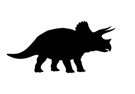 Dinosaur clipart silhouette. This image shows a black silhouette of a triceratops with horns and a frilled head. Vector illustration design.のイラスト素材