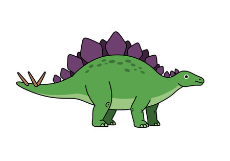 Clip art stegosaurus. A green stegosaurus with purple plates and brown spikes on its tail. Vector illustration design.のイラスト素材