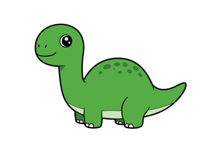 Dinosaur cute clipart. This image shows a green cartoon dinosaur with a long neck, big eyes, and a smiling face. Vector illustration design.のイラスト素材