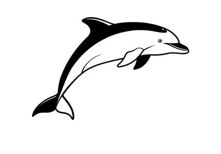 Dolphin jumping black white clip art. A dolphin is depicted in mid-jump with a sleek, streamlined body and a playful expression. Vector illustration design.のイラスト素材