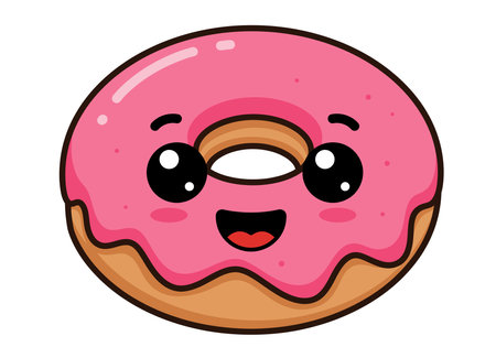 Cartoon donut clipart. A cute donut with pink frosting, big eyes, and a smiling mouth. Vector illustration design.のイラスト素材