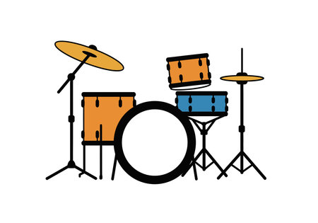 Clip art drum kit. This illustration showcases a vibrant drum kit featuring various drums and cymbals in a colorful arrangement. Vector illustration design.のイラスト素材