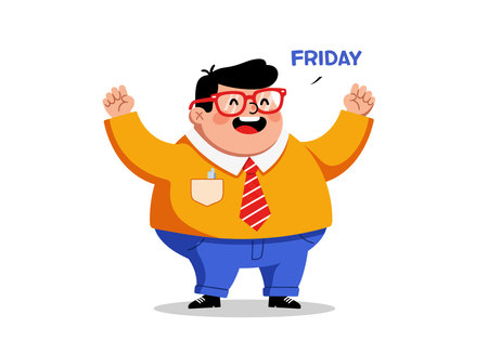 Friday clipart funny. A cartoon character with red glasses, a yellow shirt, and a red striped tie is celebrating with raised fists. Vector illustration design.のイラスト素材