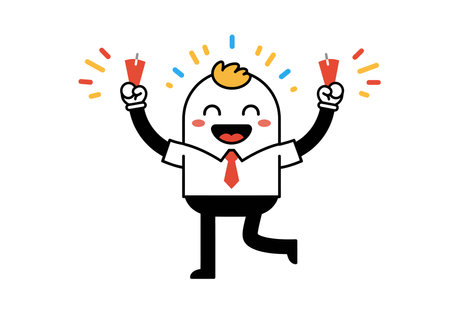 Friday clip art funny. A cartoon character with red glasses, a yellow shirt, and a red striped tie is celebrating with raised fists. Vector illustration design.のイラスト素材