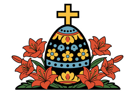 Catholic Easter clip art. A colorful Easter egg with a cross and lilies, symbolizing faith and celebration during springtime. Vector illustration design.のイラスト素材