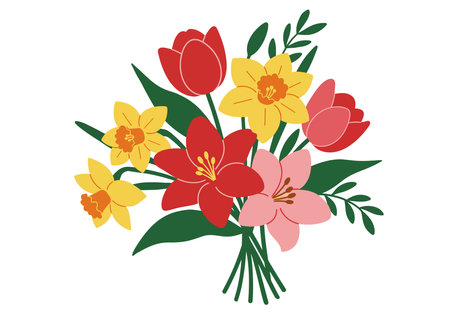Clip art Easter flowers. A vibrant bouquet of Easter-themed flowers with pink, yellow, and red blooms arranged in a cheerful setting. Vector illustration design.のイラスト素材