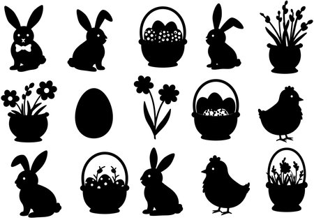 Easter clipart silhouette. This image features various Easter-themed silhouettes, including bunnies, baskets, eggs, flowers, and chicks. Vector illustration design.のイラスト素材