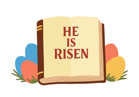 Easter scripture clipart. The image shows an open book with the text "HE IS RISEN" surrounded by colorful Easter eggs and grass. Vector illustration design.のイラスト素材