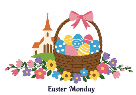 Easter Monday clipart. A basket of colorful Easter eggs with a pink bow, surrounded by flowers and a church in the background. Vector illustration design.のイラスト素材