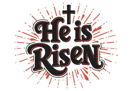 He is risen clip art. This image shows the phrase "He is Risen" with a cross above it and red rays emanating from the center. Vector illustration design.のイラスト素材