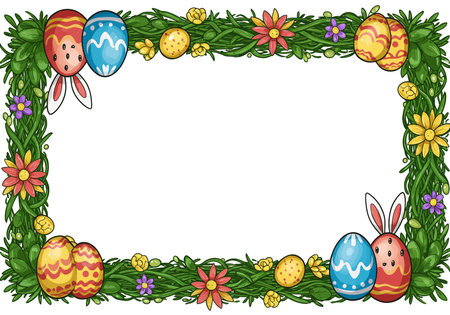 Clip art Easter frame border. Easter-themed border with colorful eggs, flowers, and bunny ears arranged in a cheerful festive design. Vector illustration design.のイラスト素材