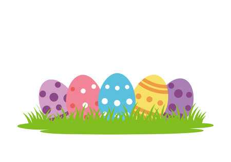 Easter egg in grass clip art. Colorful Easter eggs with various patterns are nestled in green grass. Vector illustration design.のイラスト素材