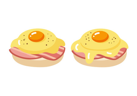 Eggs Benedict clip art. Two eggs Benedict with ham, poached eggs, and hollandaise sauce on English muffins. Vector illustration design.のイラスト素材