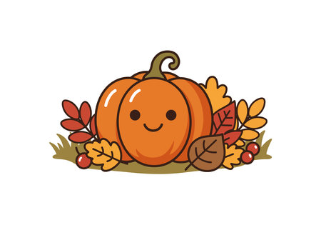 Cute fall clip art. A smiling pumpkin surrounded by colorful autumn leaves and berries. Vector illustration design.のイラスト素材