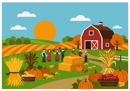 Harvest fest clip art. People celebrating the harvest with baskets of fruits and vegetables near a barn and hay bales. Vector illustration design.のイラスト素材