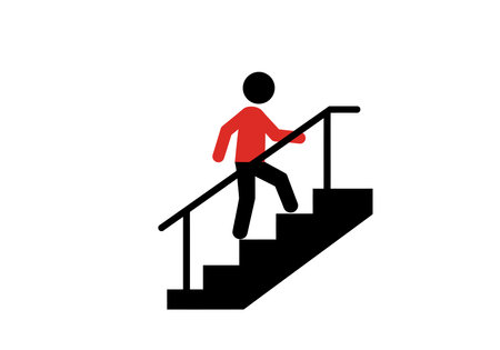 Fall prevention clip art. This image shows a stick figure walking up stairs with a handrail, emphasizing safety and fall prevention. Vector illustration design.のイラスト素材