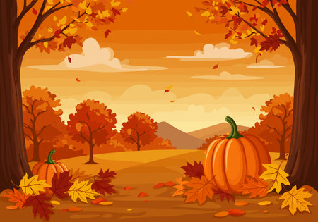 Fall scene clipart. Autumn landscape featuring pumpkins, trees, and falling leaves in vibrant autumnal colors. Vector illustration design.のイラスト素材