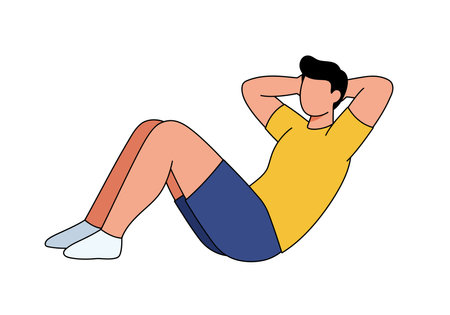 Clip art exercise cartoon. A cartoon character in a running pose, wearing an orange shirt, blue pants, and sneakers. Vector illustration design.のイラスト素材